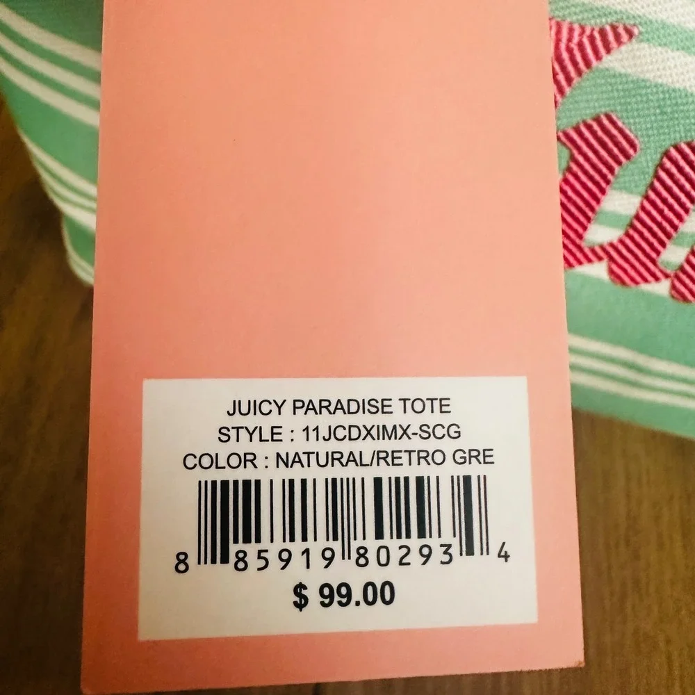 Juicy Couture Paradise Tote Retro Green Striped Canvas Bag Pink Trim NEW